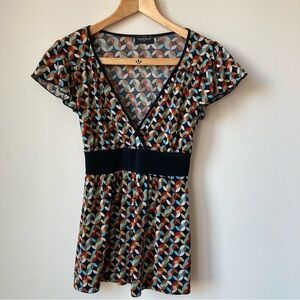 Tempted Y2K Empire Waist Blouse Top Women sz S V-neck Retro Boho Print Flutter